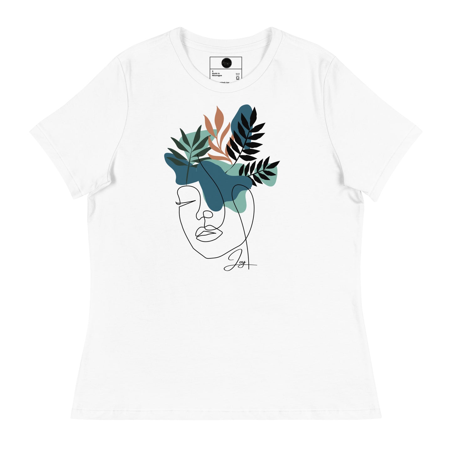 "Joy"- Abstract Woman Face with Flowers-Line Art -Tee / Women's Relaxed T-Shirt