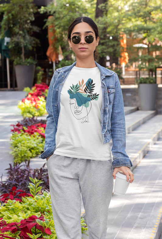 "Joy"- Abstract Woman Face with Flowers-Line Art -Tee / Women's Relaxed T-Shirt