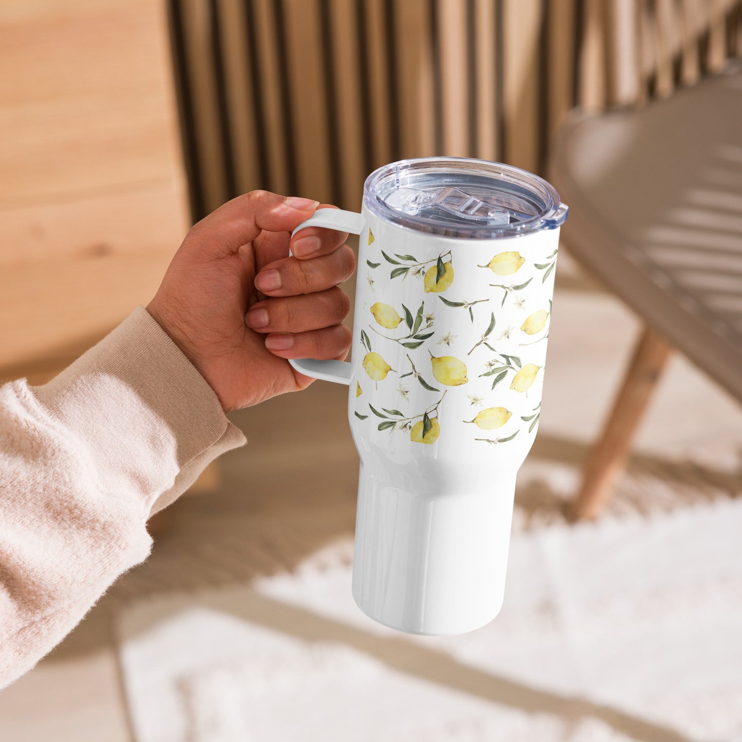 Travel mug /Watercolor fresh lemons design  mug with a handle