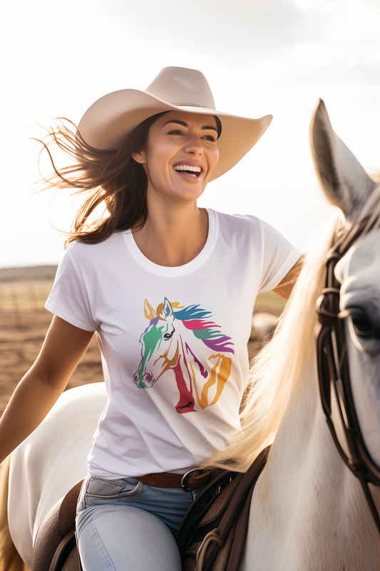 Diseño de caballo moderno, camiseta de algodón orgánico, camisa de moda, ropa de arte, moda de mujer